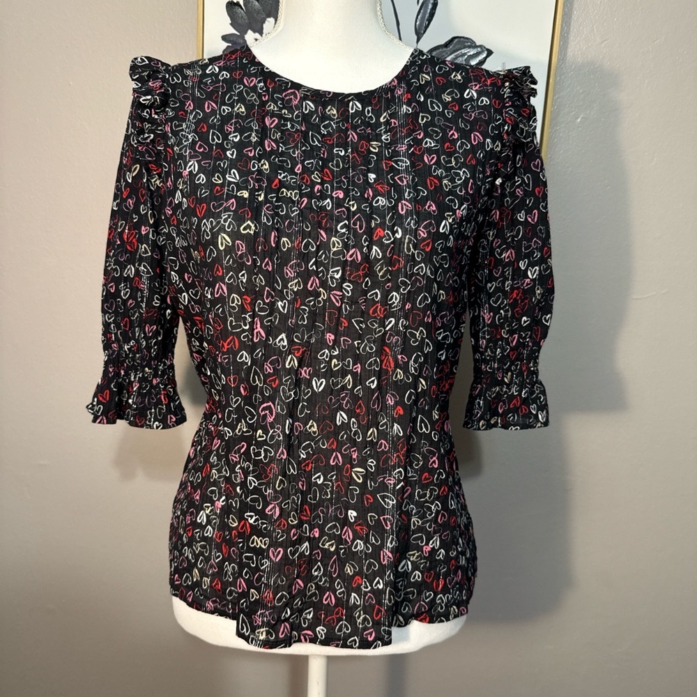 LOFT Black Heart Print Blouse with Ruffle Sleeves